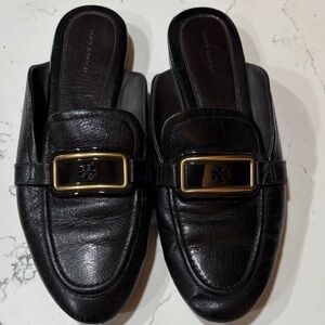 Tory Burch Black Leather Mules with Gold Buckle